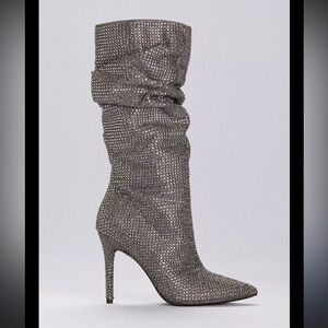 Jessica Simpson Layzer Rhinestone Slouch Heeled Boots in Pewter Silver 6 1/2